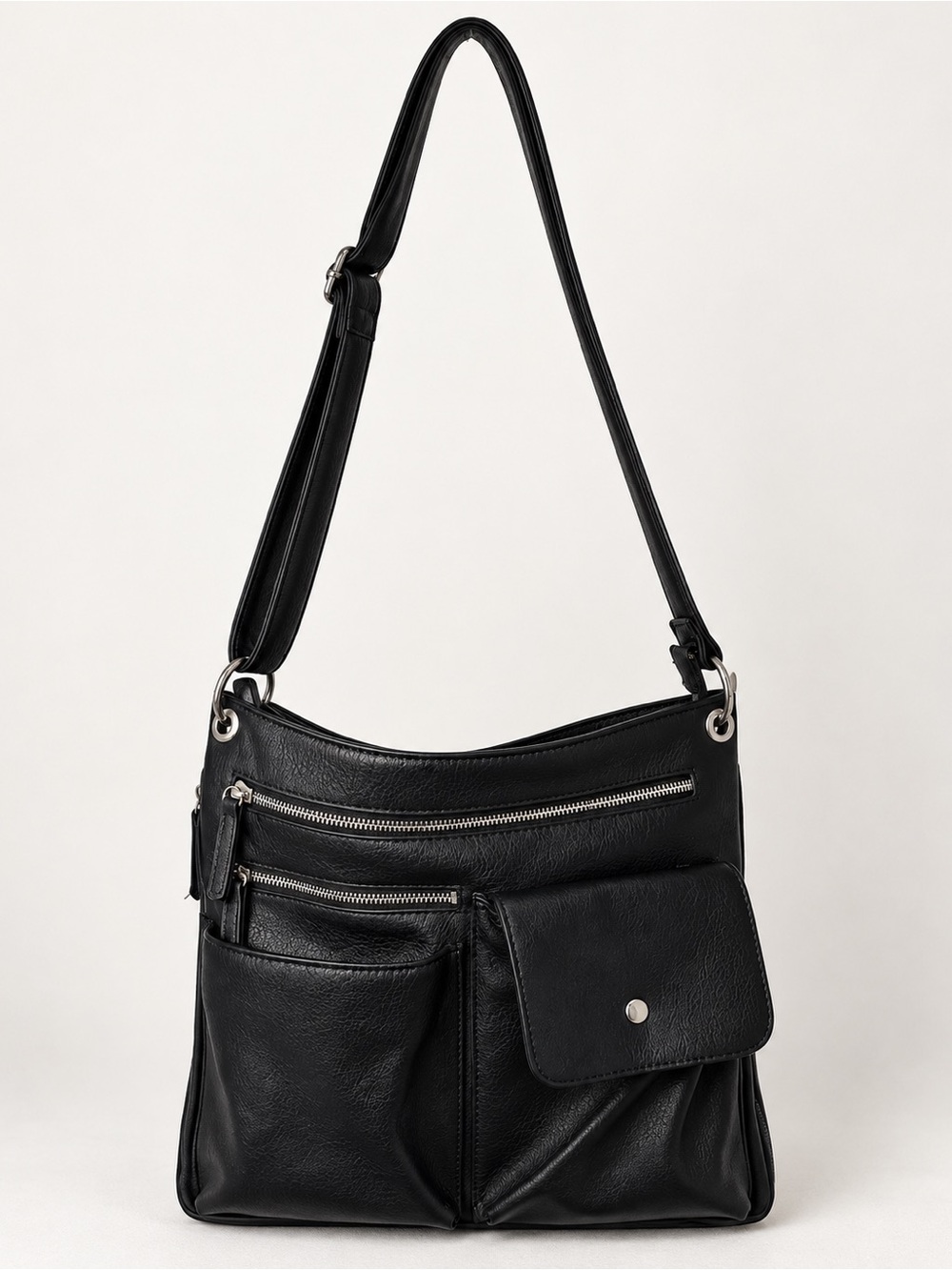 Black Genuine Leather Multi-Pocket Crossbody Shoulder Bag